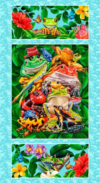 Studio E - Jewels of The Jungle - 24" Frog Panel, Cerulean
