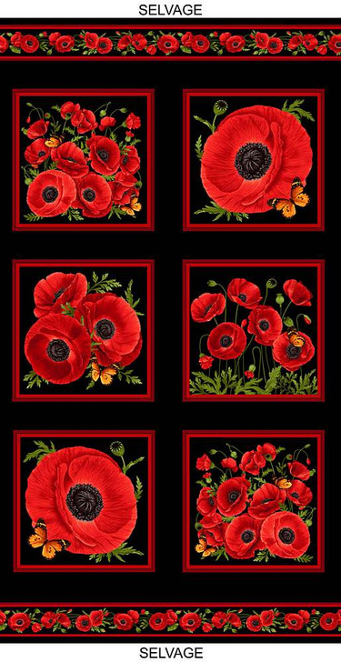 Timeless Treasures - Wild Poppy - (Fleur) - 24" Red Poppy Squares, Black