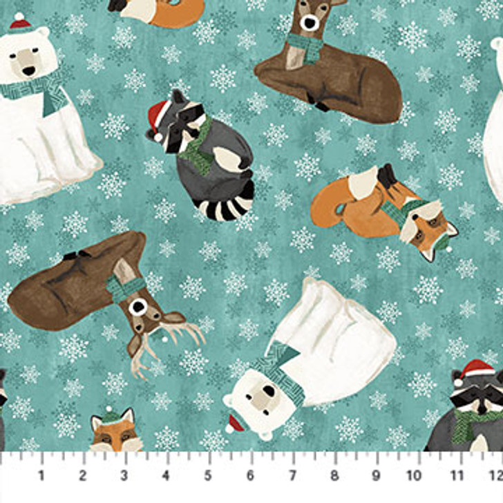 Northcott - Warmin'up Winter Flannel - Tossed Animals, Turquoise