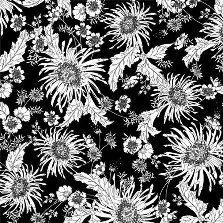 Studio E - 108" Bloom - Floral Two Tone, White on Black