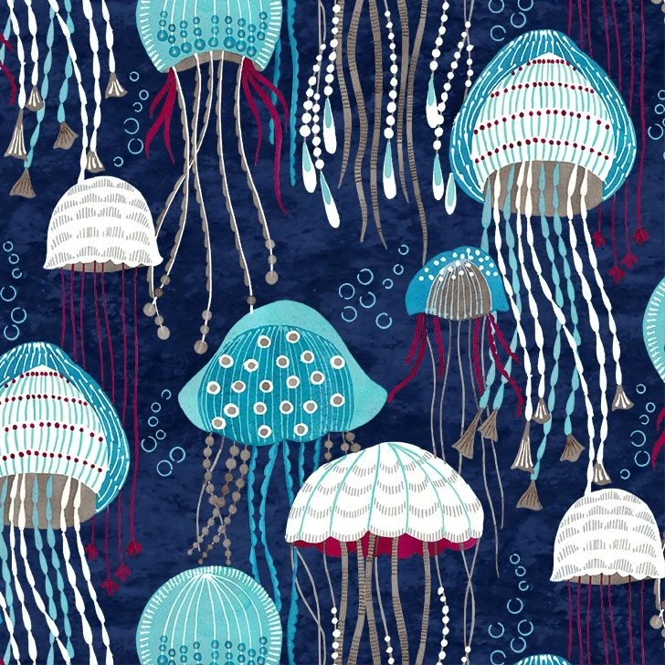 ジ*ユ様 jellyfish fan club 4cdbox 新品シールド　パワ Michael Miller - Fanciful Sea Life - Jolly Jellyfish, Navy