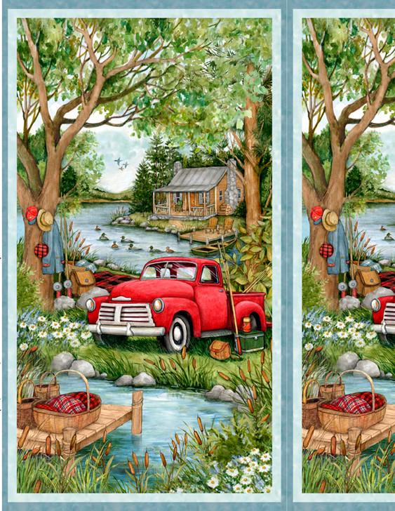 Wilmington Prints - Down By The Lake - 24" Red Truck Panel, Multi