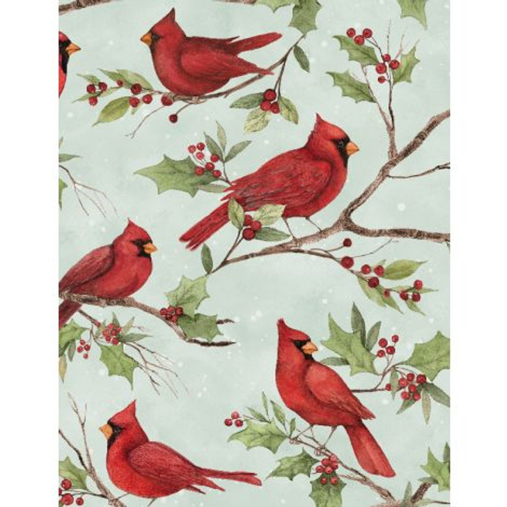 Wilmington Prints - Medley In Red - Large Cardinals All Over, Mint Green