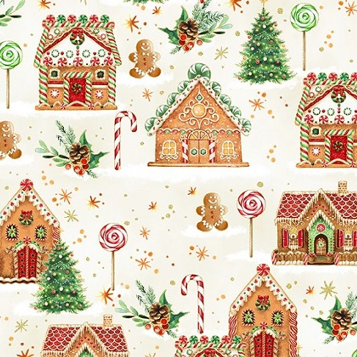 Hoffman Califorina - Holiday Sweets - Gingerbread Houses, Cream/Gold