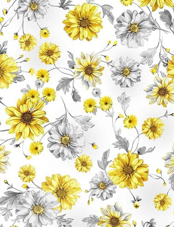 Timeless Treasures - Queen Bee - Tossed Sunflowers, Grey