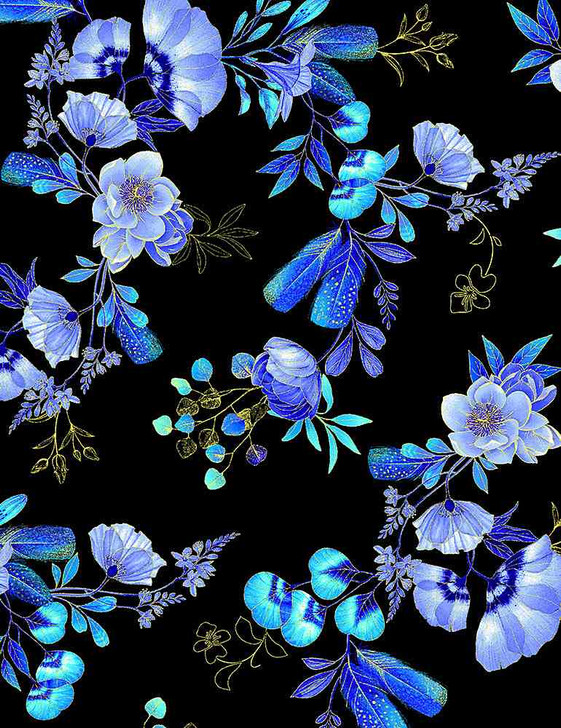 Timeless Treasures - Royal Plume - Spaced Floral w/Feathers, Black
