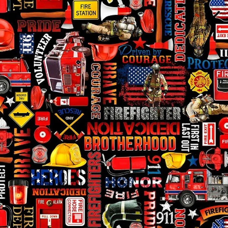 Timeless Treasures - Fire - Firefighter Equipment & Text, Black