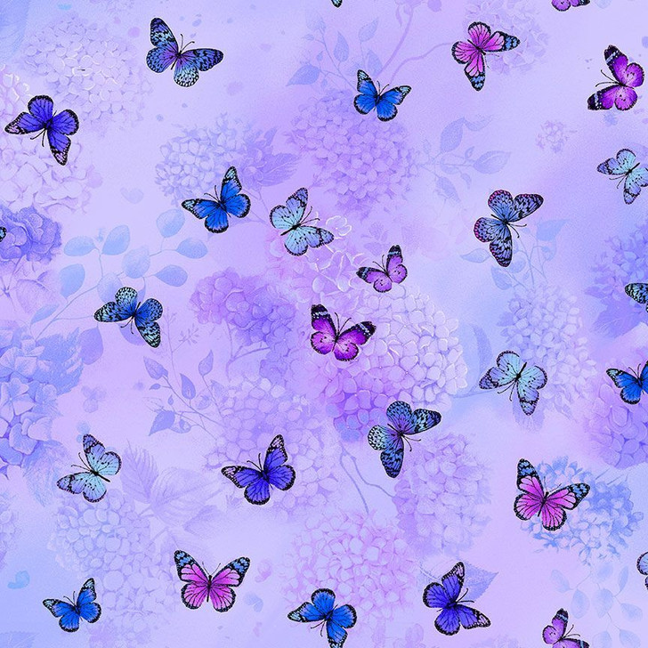 Timeless Treasures - Hydrangea Bliss - Tossed Flying Butterflies, Purple