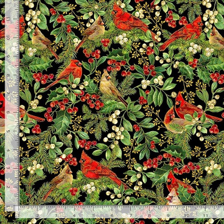 Timeless Treasures - Deck The Halls - Cardinal on Branches, Black