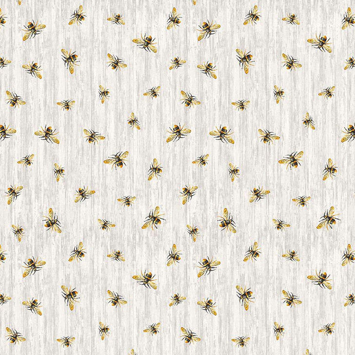 Timeless Treasures - Honey Bee Farm - Flying Bees on Wood Texture, Grey
