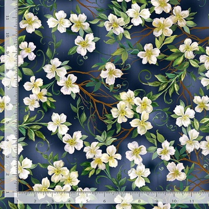 Timeless Treasures - Birdhouse Bloom - Dogwood Floral, Navy