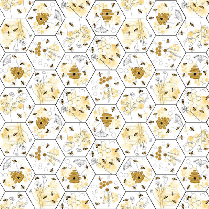 Blank Quilting - Royal Jelly - Bees & Floral in Large Honeycomb, Ivory