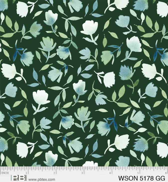 P & B Textiles - Whisper Song - Leaves & Florals, Dk Green