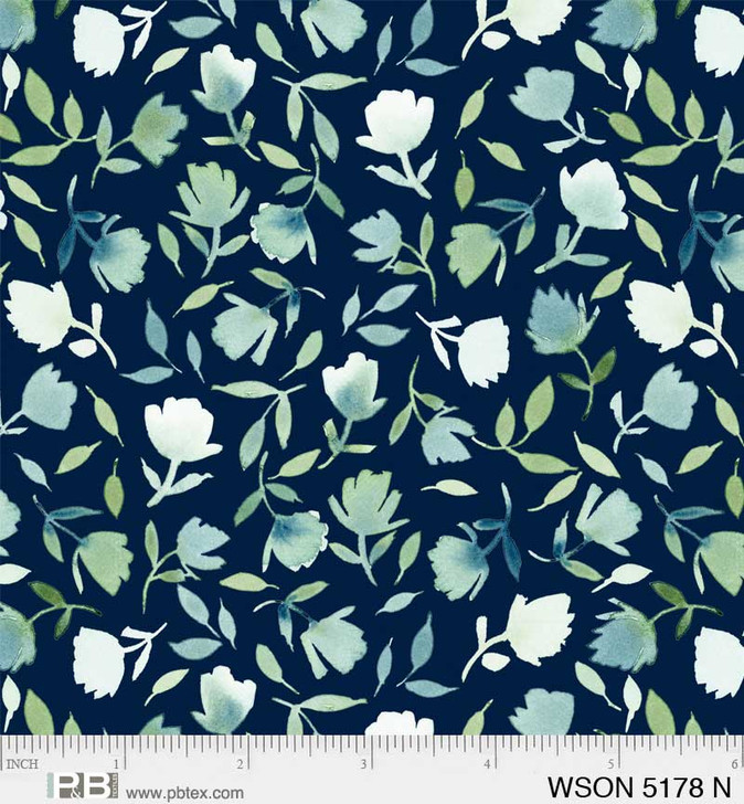 P & B Textiles - Whisper Song - Leaves & Florals, Navy