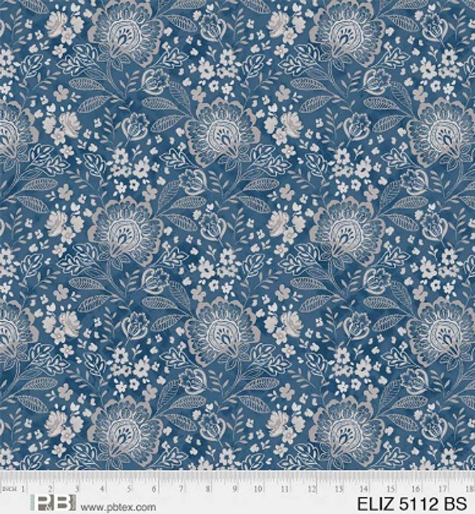 P & B Textiles - 108" Elizabeth - Large Floral, Blue Silver