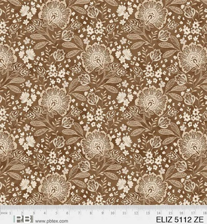 P & B Textiles - 108" Elizabeth - Large Floral, Brown Ecru