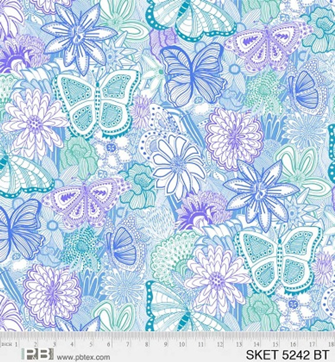 P & B Textiles - 108" Sketchbook - Tonal Butterflies, Blue Teal