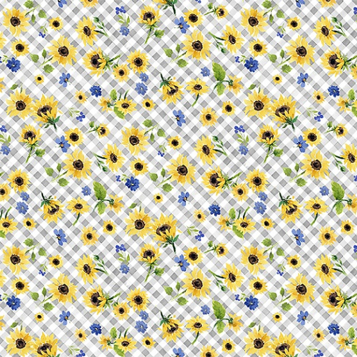 Clothworks - Sunflower Bouquets - Floral Check, Gray