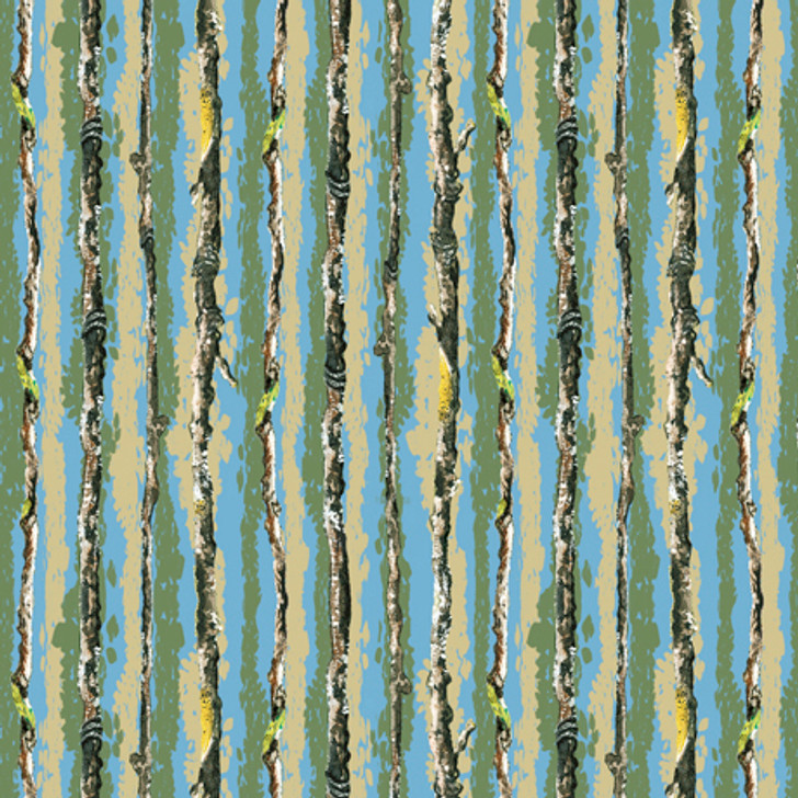 Quilting Treasures - Chickadees - Tree Bark Stripe, Blue