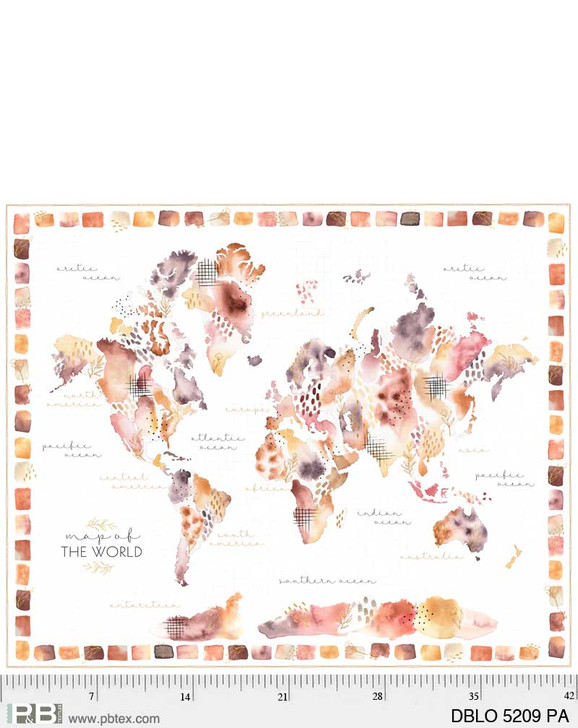 P & B Textiles - Desert Blooms - 36" Map of The World Panel, Peach