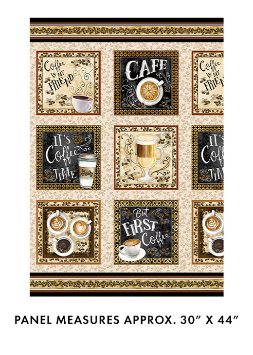 Benartex Kanvas - For The Love of Coffee - 24" Coffee Time Panel, Neutra