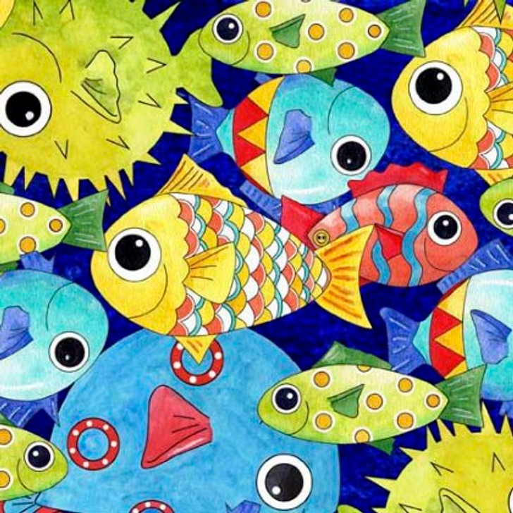 Quilting Treasures - Under The Sea - Packed Fish, Navy