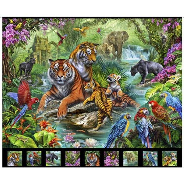 Quilting Treasures - Jungle Paradise - 36" Jungle Animal Panel, Black