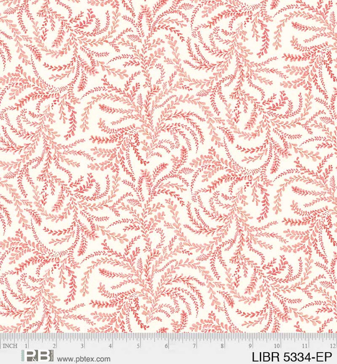 P & B Textiles - Love Birds - Pink Curly Vines, Ecru