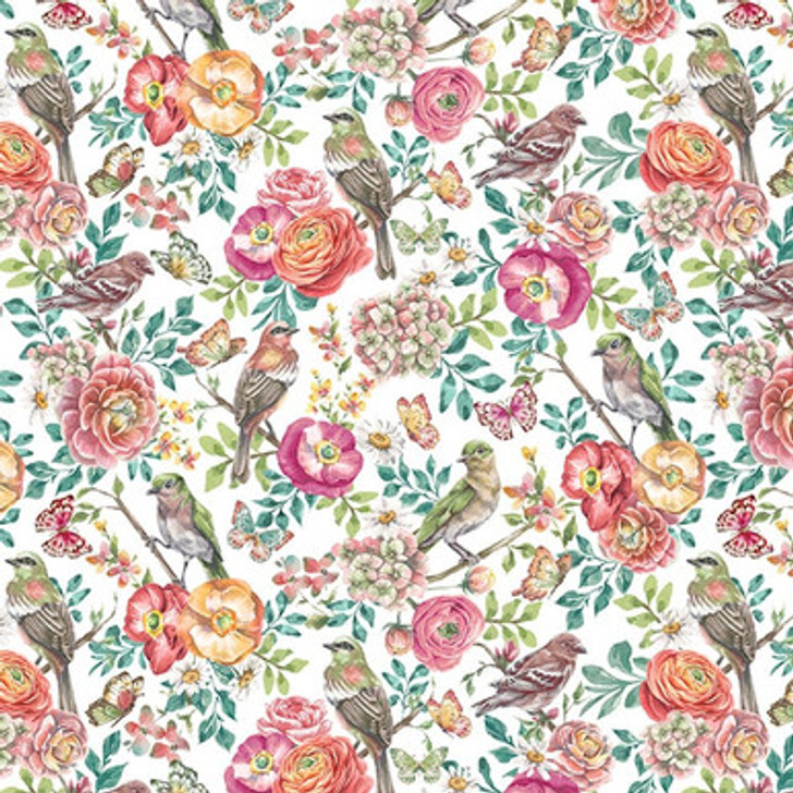 Blank Quilting - Flourish - Birds With Flowers, White