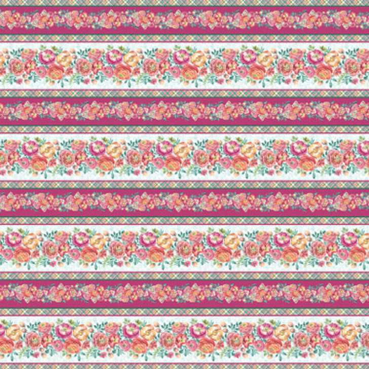 Blank Quilting - Flourish - Floral Border Stripe, Magenta