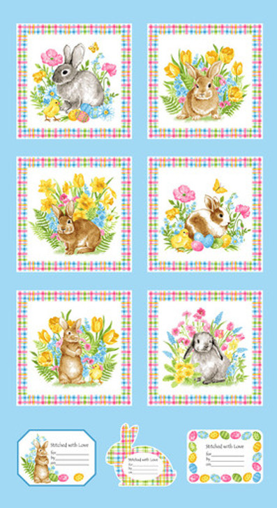 Blank Quilting - Spring is Hare - 24" Block Panel 10" Square, Light Blue