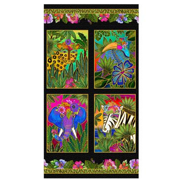 Clothworks - Earth Song - 24" Digital Animal Panel, Black w/Gold Metallic