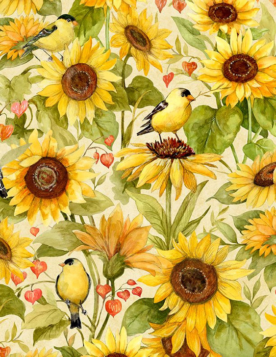 Wilmington Prints - Sunflower Splendor - Sunflowers & Birds, Cream