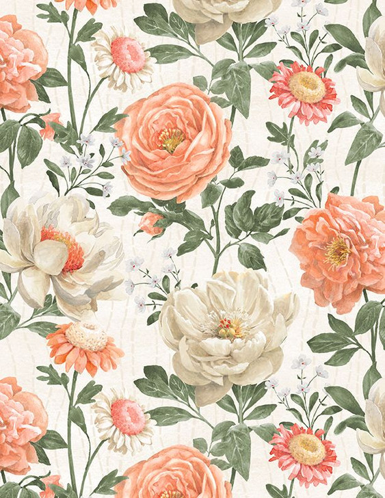 Wilmington Prints - Peach Whispers - Large Flowers, Cream