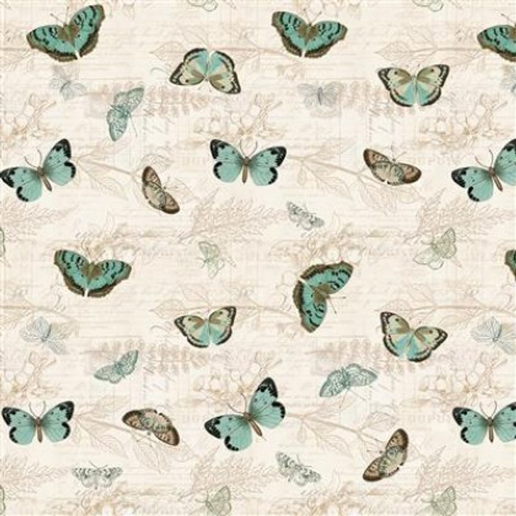 Clothworks - En Bleu - Tossed Butterflies, Light Cream