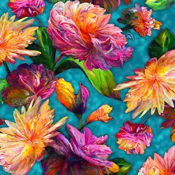 Quilting Treasures - Fleur Etoile - Packed Floral, Turquoise