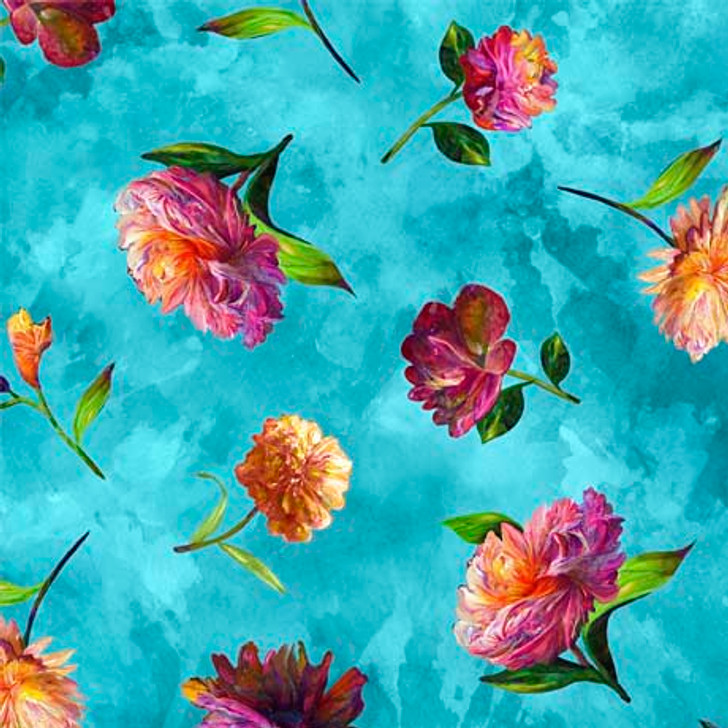 Quilting Treasures - Fleur Etoile - Tossed Floral, Turquoise