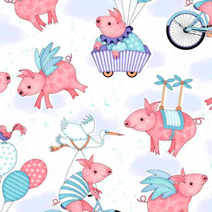 Quilting Treasures - When Pigs Fly - Flying Pigs & Bicycles, White