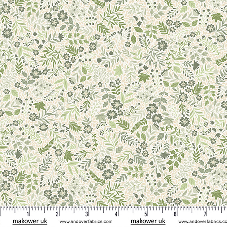 Makower - Foxwood - Wildflowers, Green on Cream