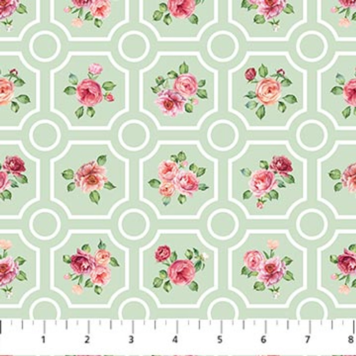 Northcott - Blush - Floral Grid, Green