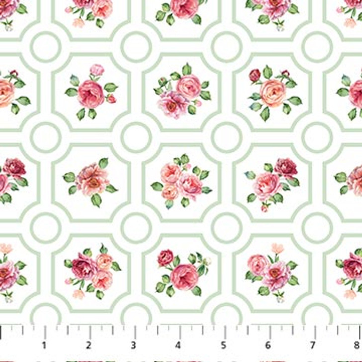 Northcott - Blush - Floral Grid, White