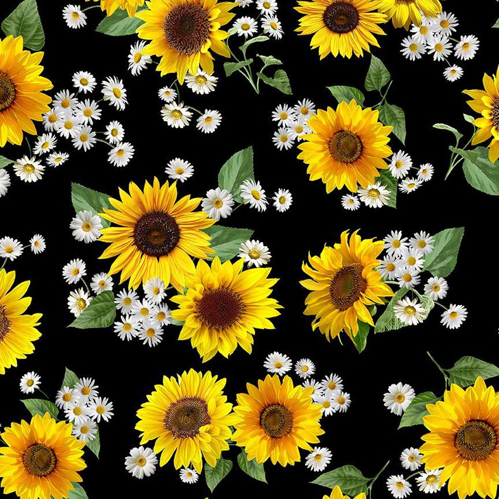 Timeless Treasures - Advice From A Sunflower - Sunflower & Daisy Bouquets, Black