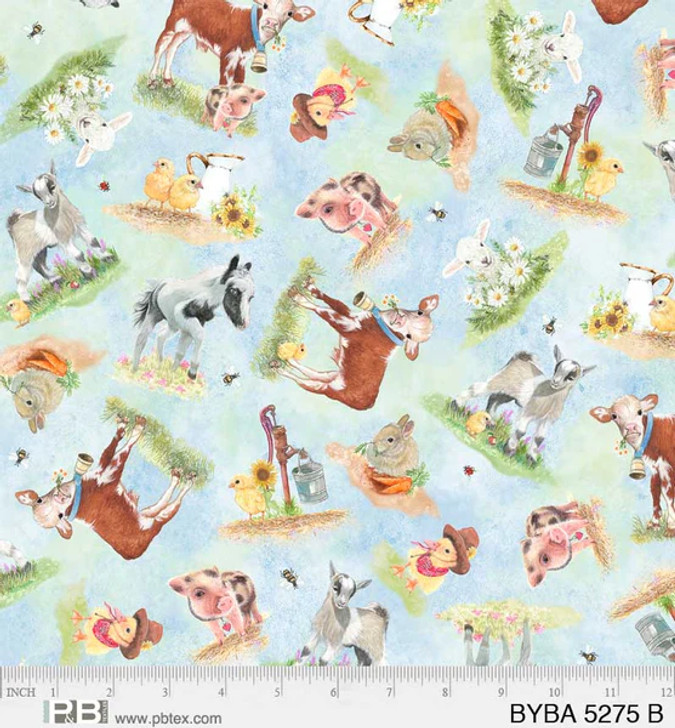 P & B Textiles - Barnyard Babies - Tossed Animals, Blue