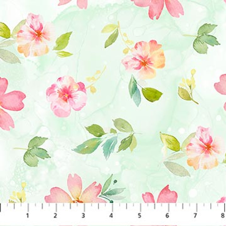 Northcott - Sweet Surrender - Scattered Pink Blossoms, Seafoam