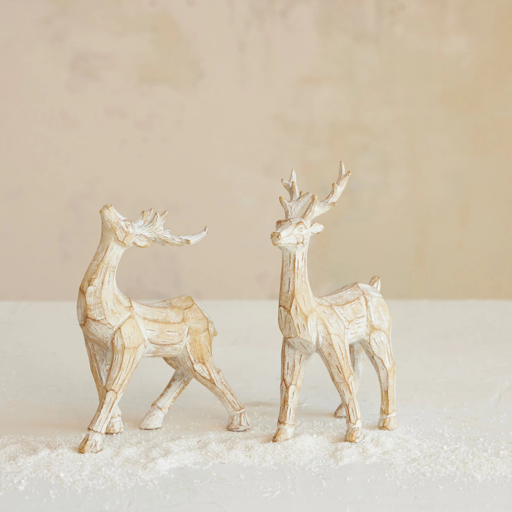 Resin Standing Deer, Whitewashed Carved Wood Finish (Set of 2)