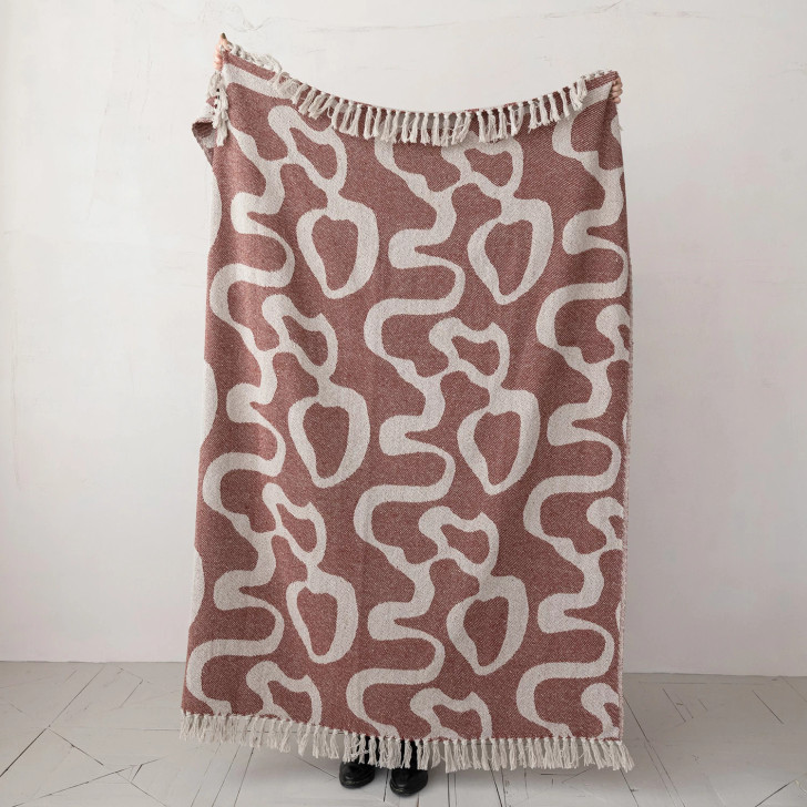 Woven Recycled Cotton Blend Jacquard Throw w/ Abstract Pattern & Fringe, Natural & Brown