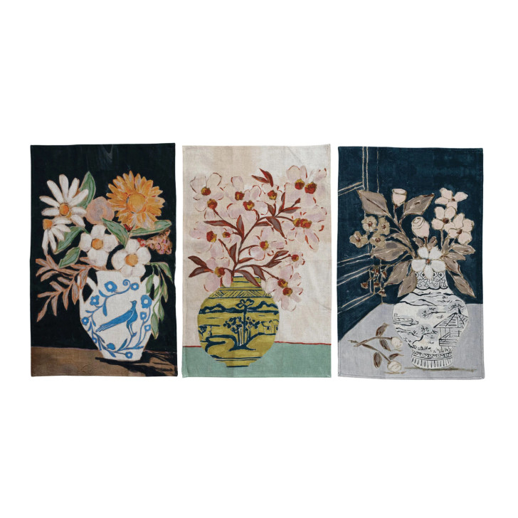 Cotton & Linen Printed Tea Towel w/ Flowers in Vase (3 Styles)