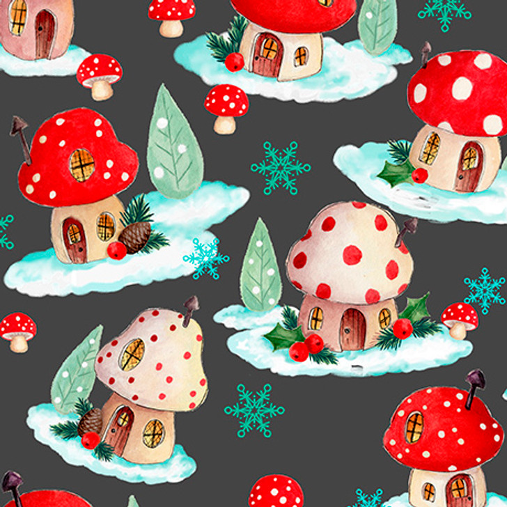 Quilting Treasures - Gnome For The Holiday - Mushroom Houses Toss, Slate