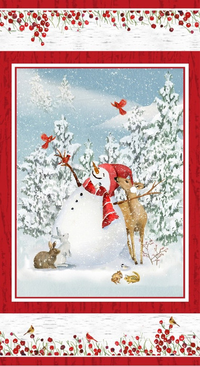 Henry Glass - Sheltering Snowman - 24" Picture Panel, White and Red