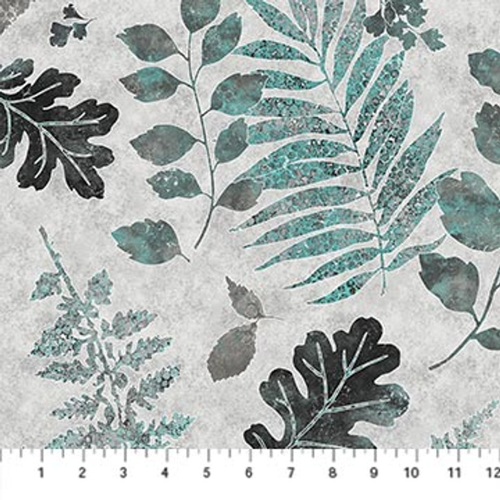 Northcott - Shimmer Luminous - Scattered Leaves, Grey/Turquoise